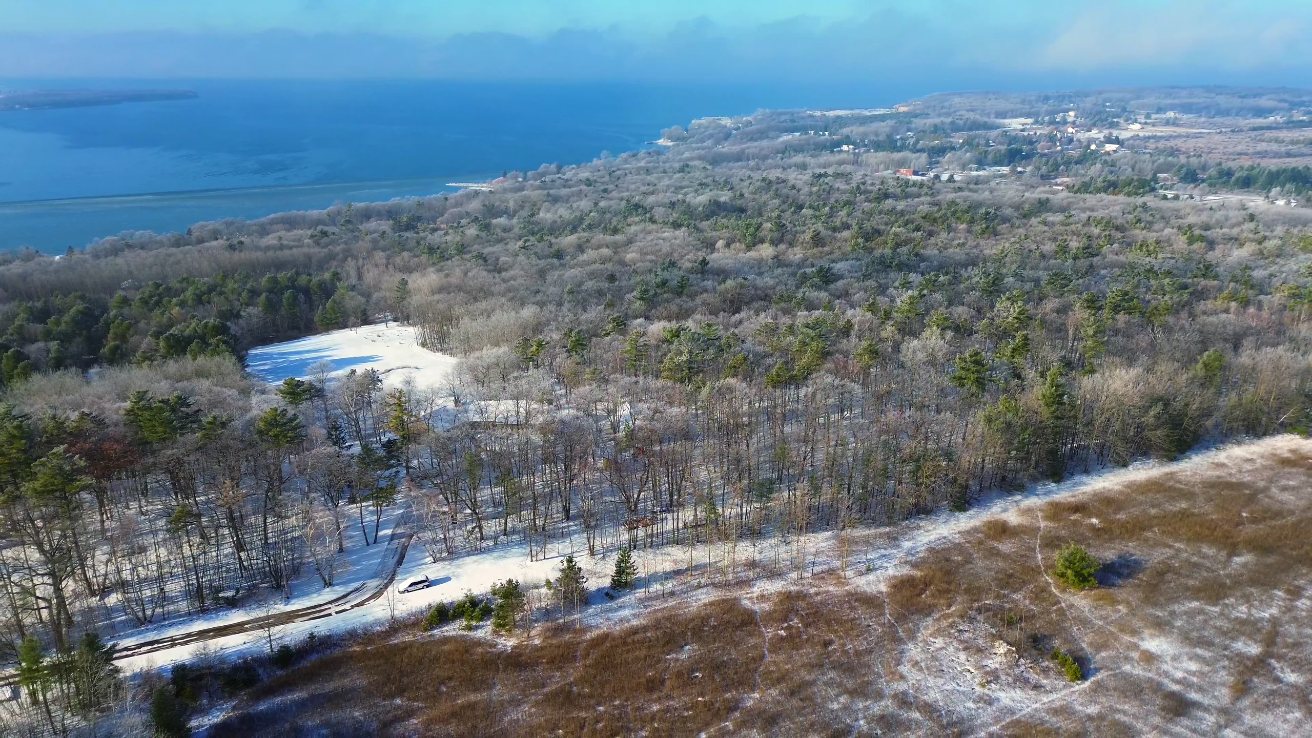 Aerial view of a wooded community beside a wide body of water