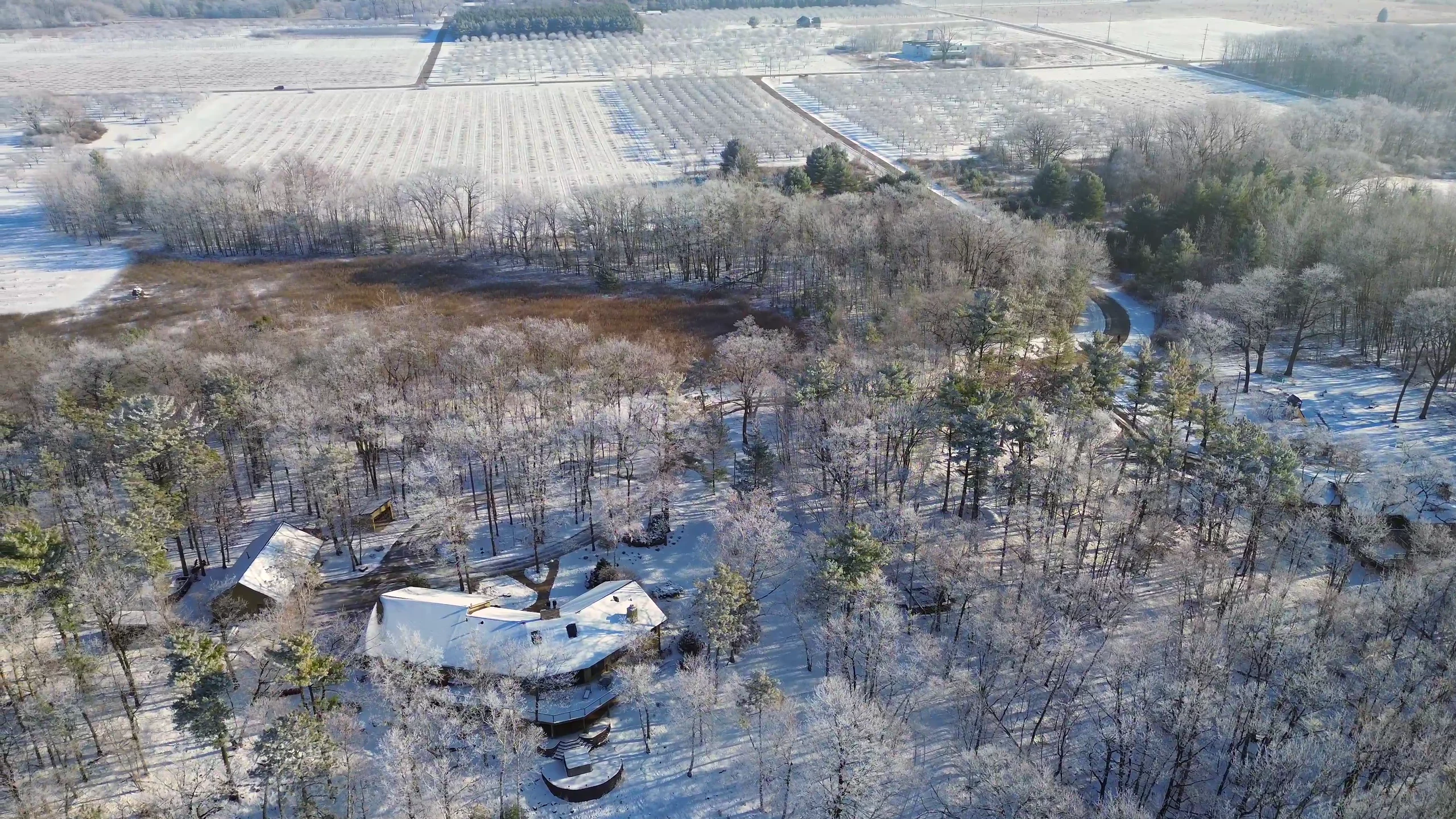 Overhead aerial view of a private property surrounded by winter woods